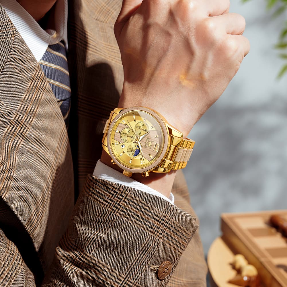 OLEVS 3645 Solid Wood & Steel Chronograph Quartz Watch for Men