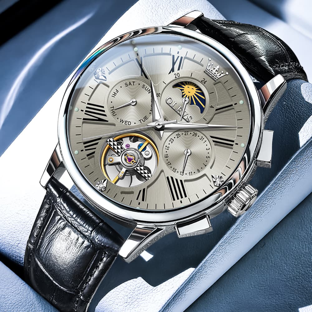 OLEVS Moon Phase Open Heart Automatic Mechanical Watch 9912 Leather Strap for Men