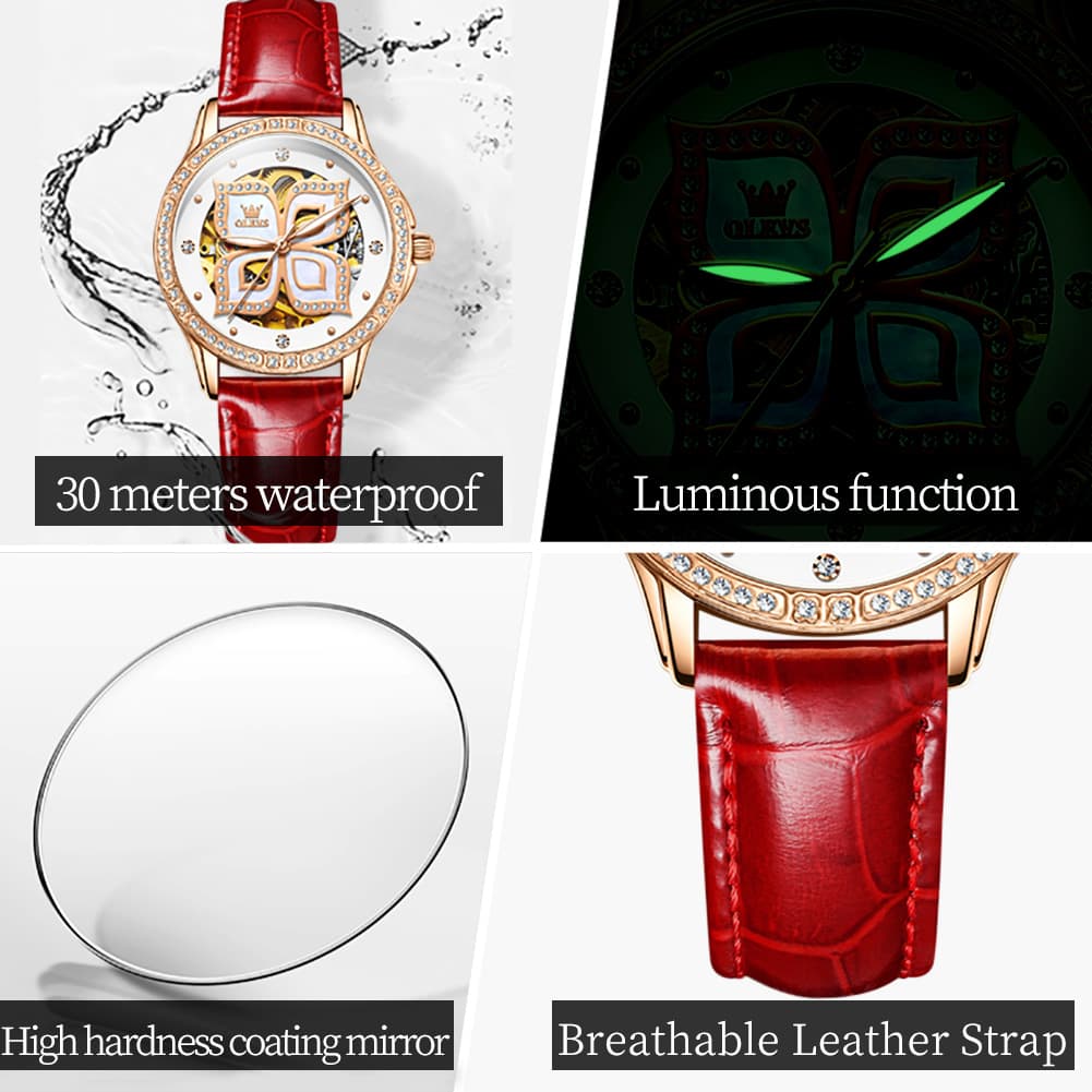 OLEVS 6612 Automatic Skeleton Four Leaf Clover Watch Set for Women