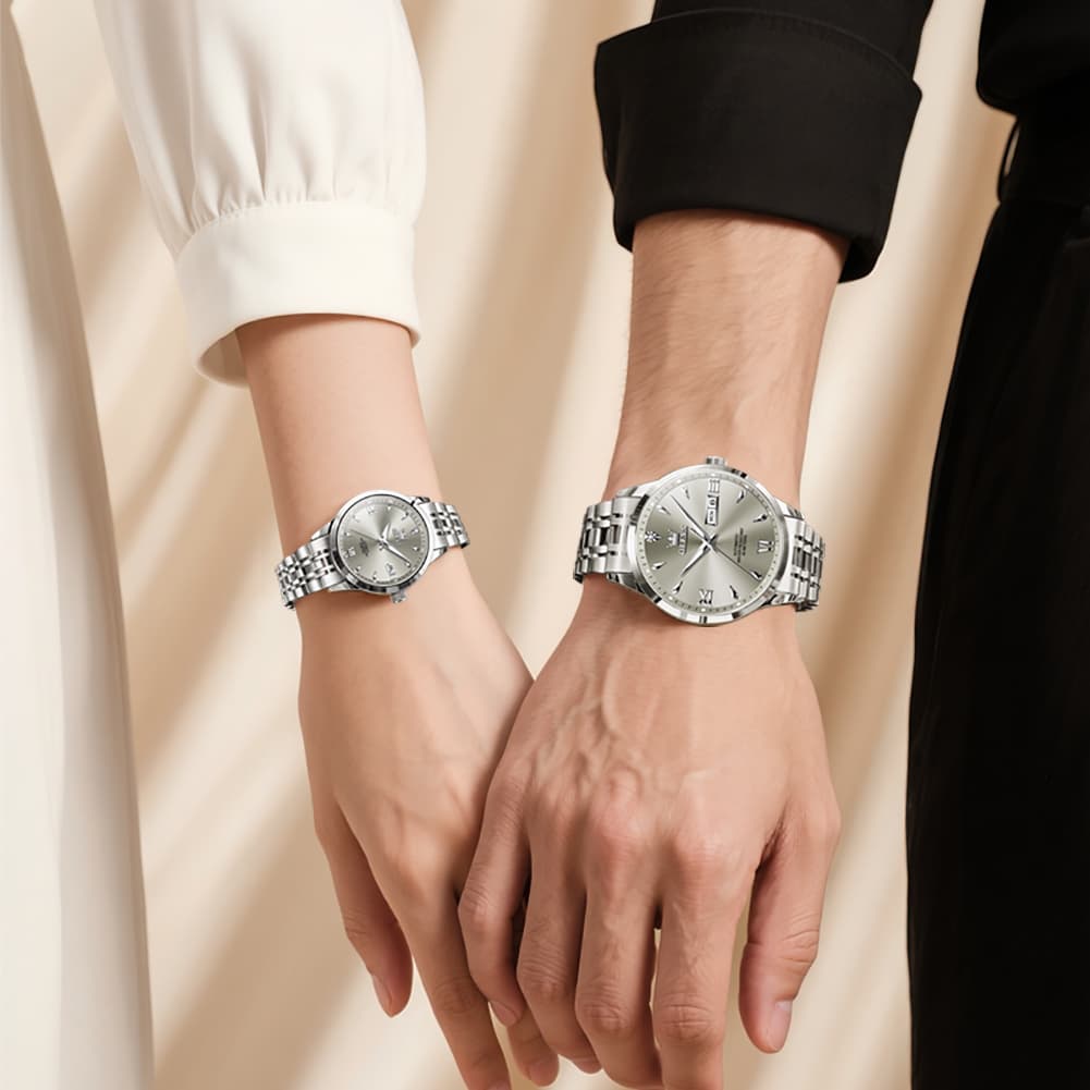 OLEVS Couple Watches Diamond Dial Automatic Mechanical Watch 9956 Steel Band for His and Hers