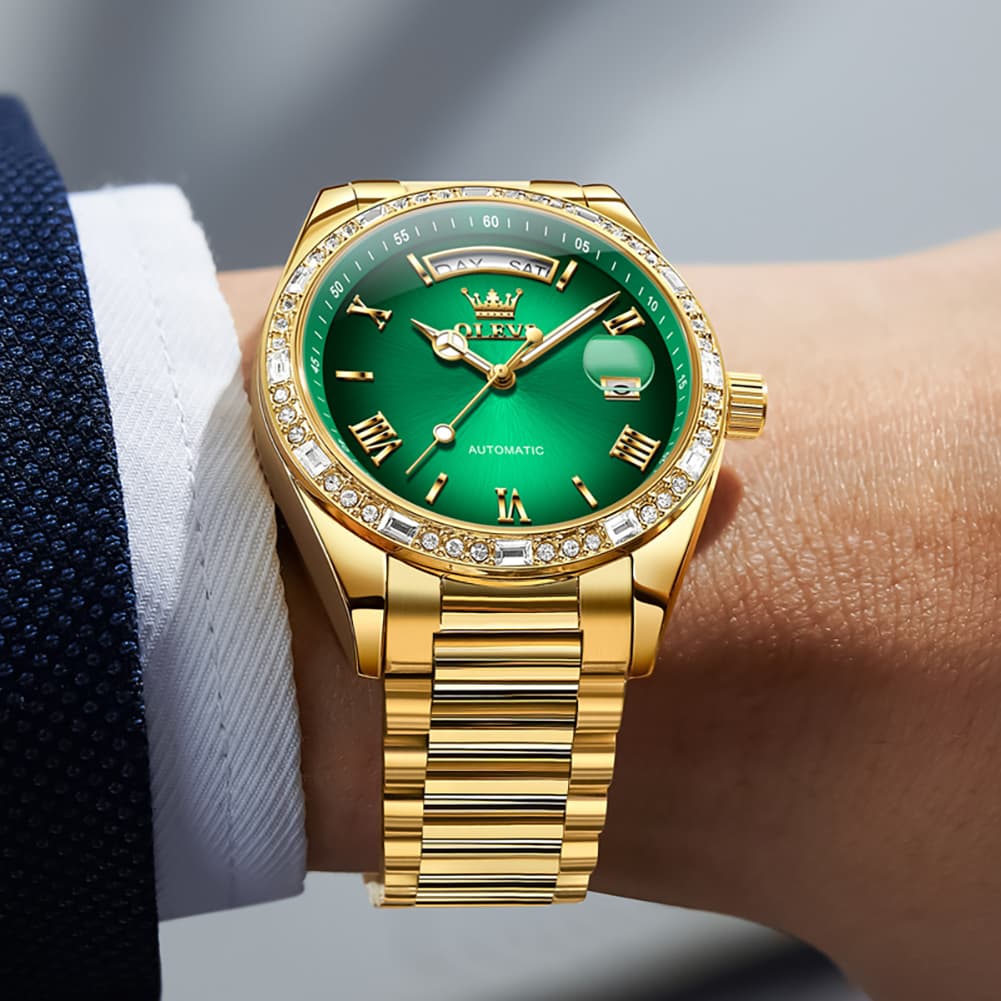 OLEVS 6747 Diamond Bezel Day Date Mechanical Watch for Men