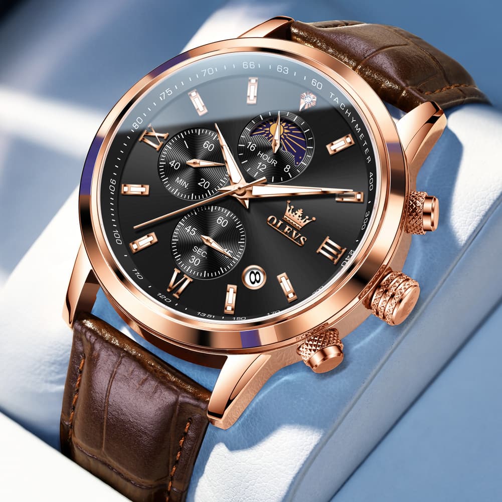 OLEVS 9812 Moon Phase Chronograph Leather Watch for Men