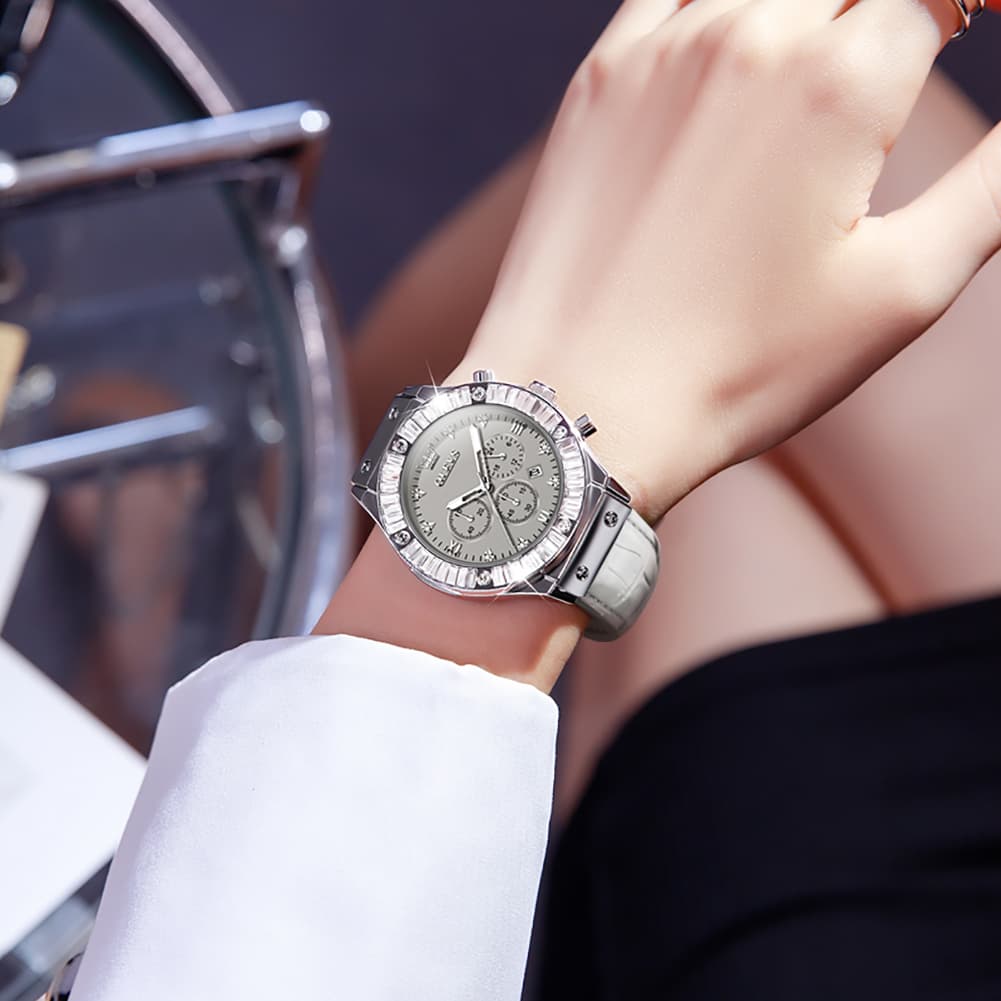 OLEVS 9978 Diamond Bezel Chronograph Leather Watch for Women