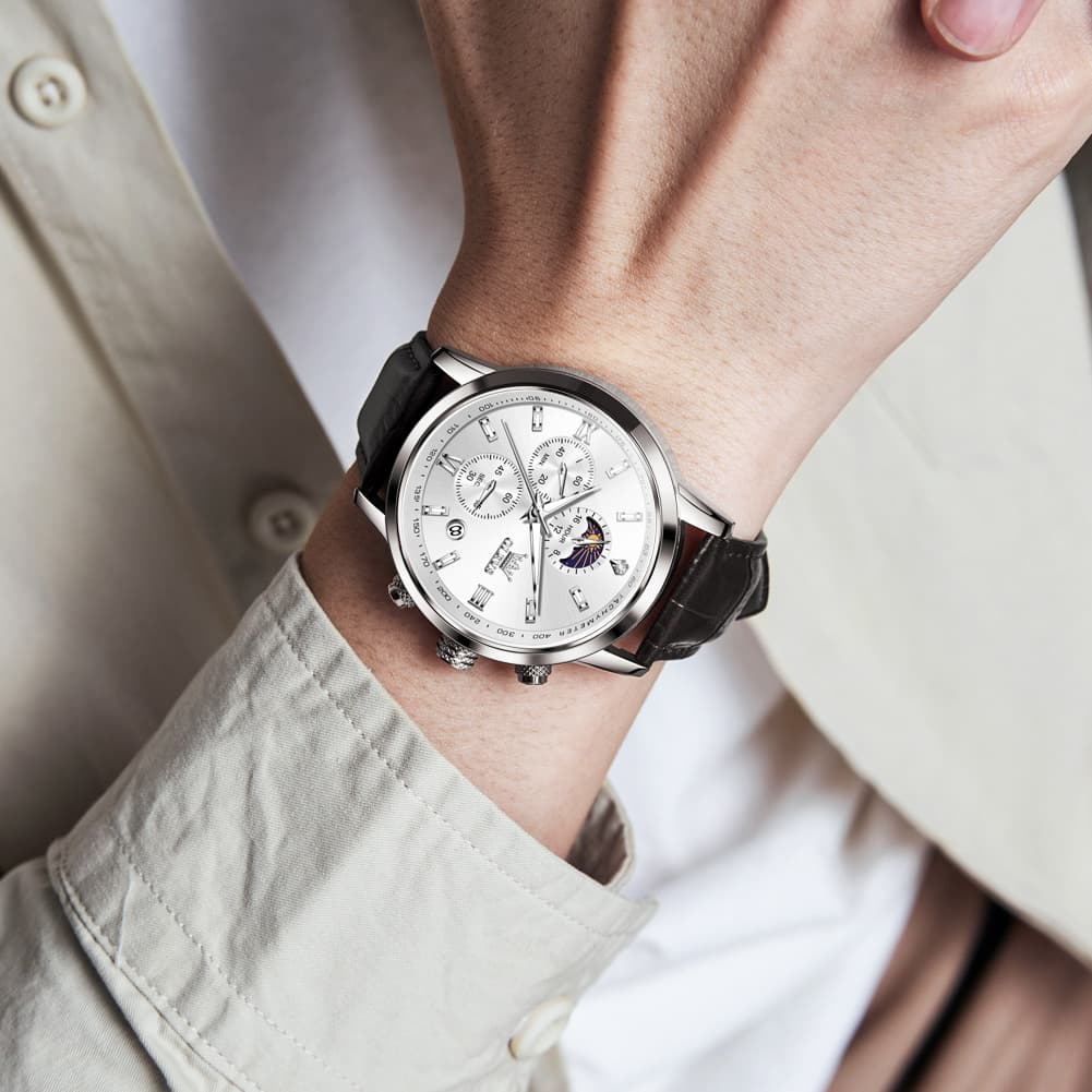 OLEVS 9812 Moon Phase Chronograph Leather Watch for Men
