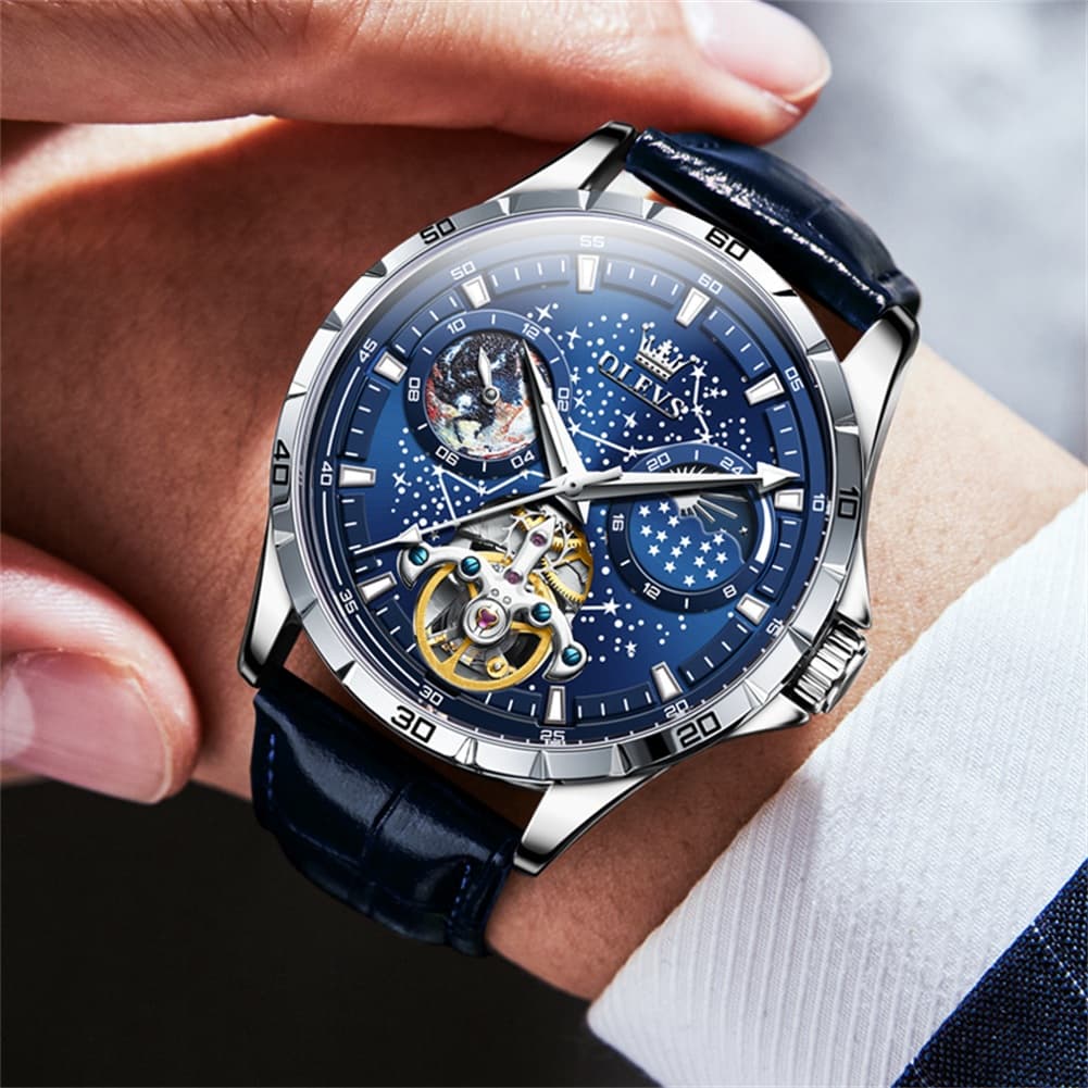 OLEVS 6689 Automatic Skeleton Starry Sky Leather Steel Watch for Men