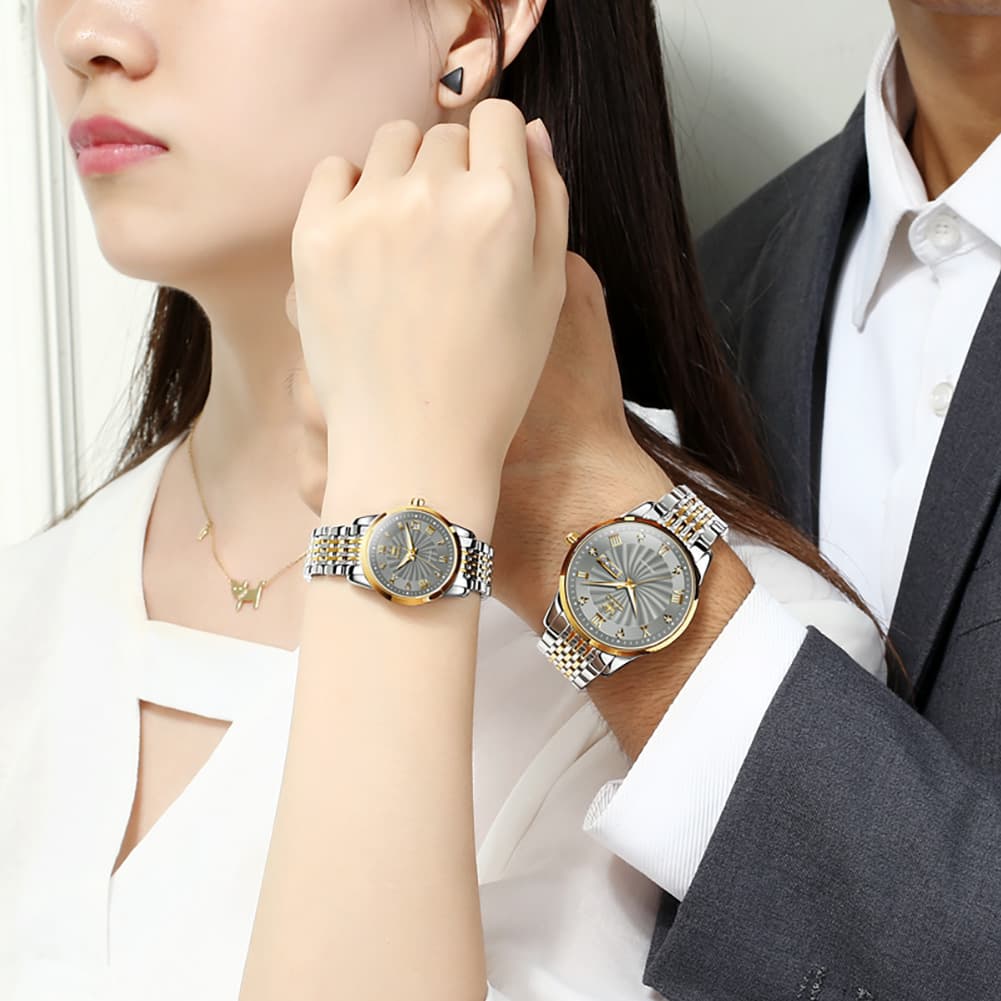 OLEVS 6630 Sunburst Mechanical Couple Watches Set