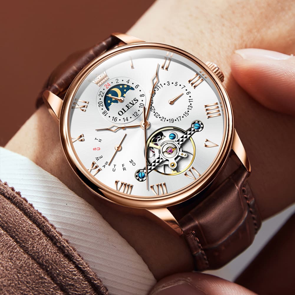 OLEVS 7009 Sun and Moon Skeleton Mechanical Watch for Men