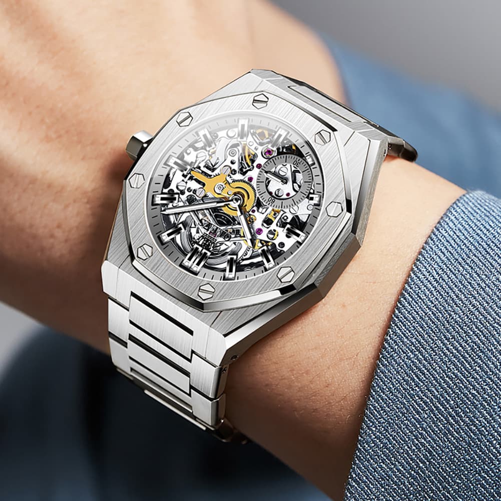 OLEVS 6669 Stainless Steel Octagonal Skeleton Watch for Men