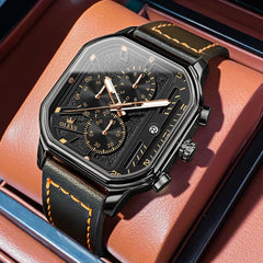 OLEVS 9950 Octagonal Case Chronograph Leather Watch for Men