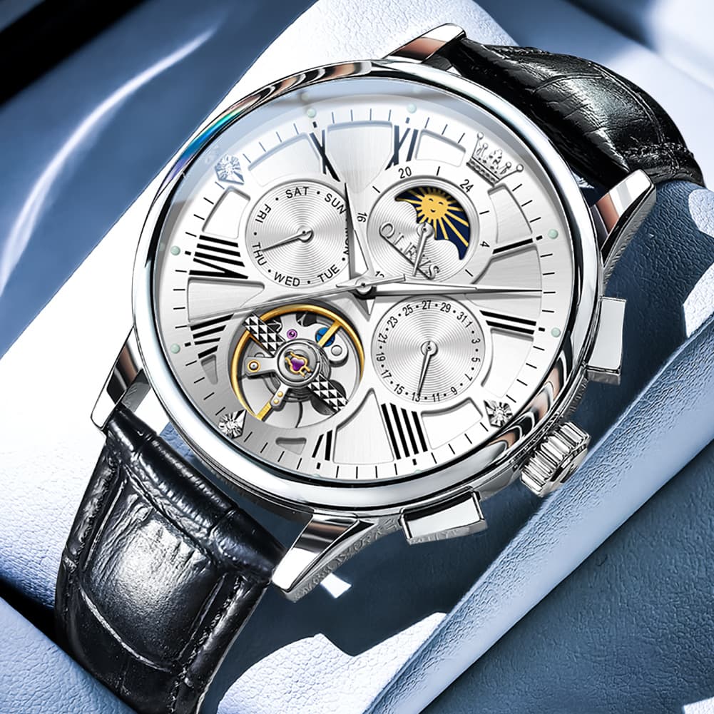 OLEVS Moon Phase Open Heart Automatic Mechanical Watch 9912 Leather Strap for Men