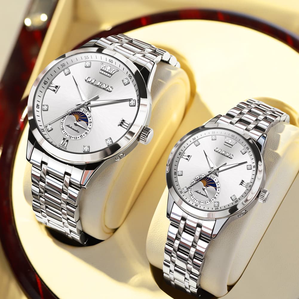 OLEVS 7041 Solid Steel Moon Phase Couples Watch Set