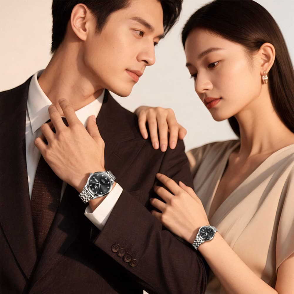 OLEVS Couple Watches Diamond Dial Automatic Mechanical Watch 9946 Steel Band for His and Hers
