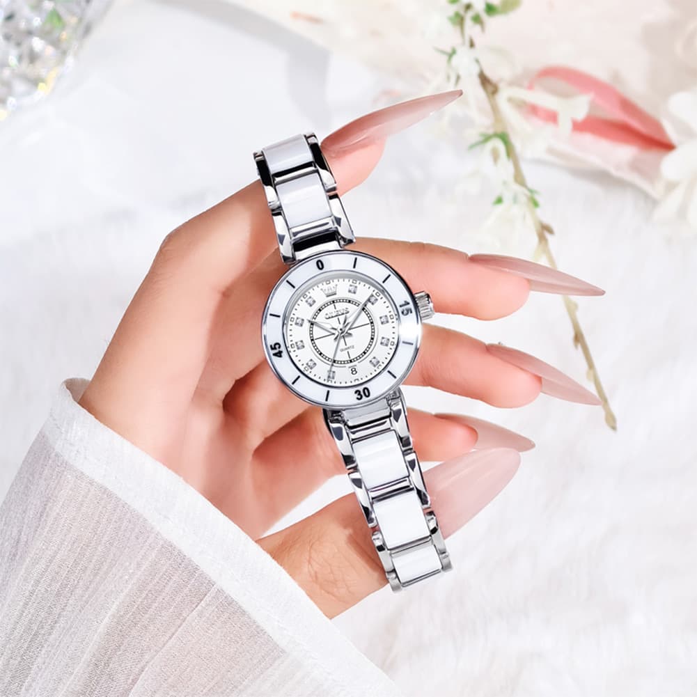 OLEVS 7083 White Ceramic Watch Sport Luxe Diamond Accent Stainless Steel Bracelet Quartz Timepiece for Women
