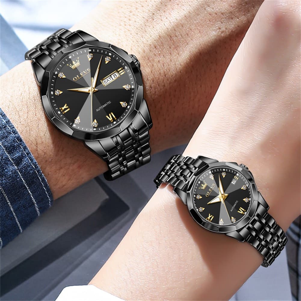 OLEVS Couple Watches 3D Diamond Cut Mirror Automatic Watch 9982 Steel Band for His and Hers