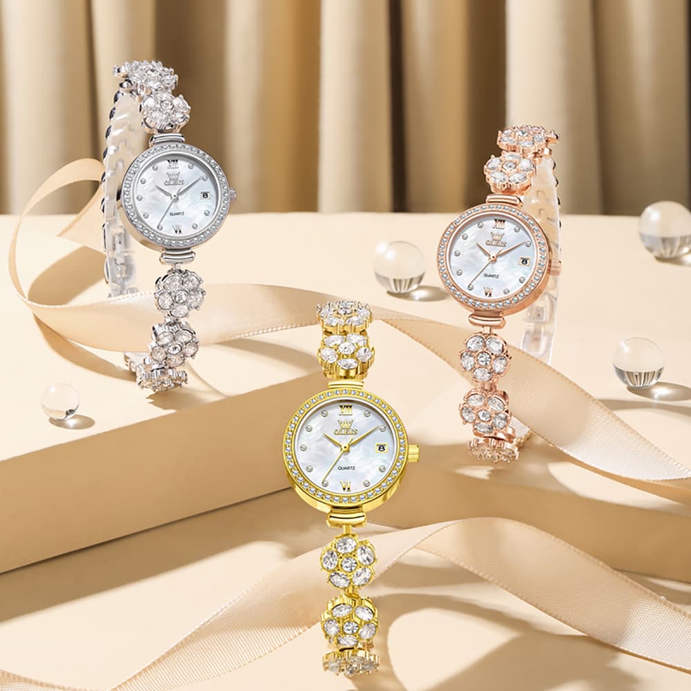 OLEVS Women Spinning Flower Watch Peach Blossom Crystal Mother of Pearl Date Quartz 5638