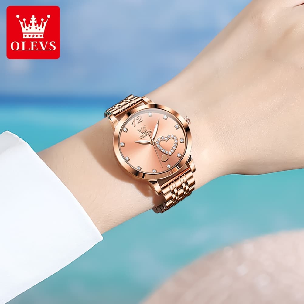 OLEVS 5189 Heart Motif Milanese Mesh Quartz Watch for Women
