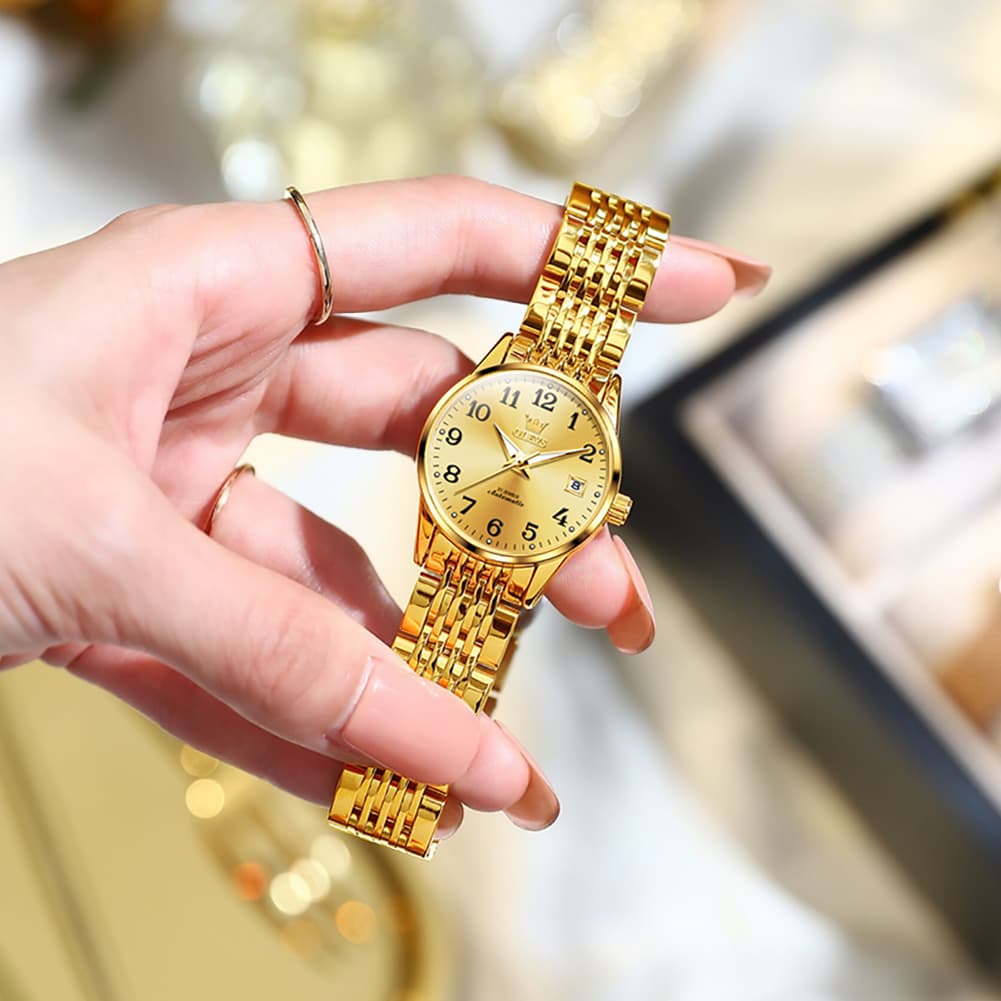 OLEVS 6666N Stainless Steel Mechanical Big Numeral Watch for Women