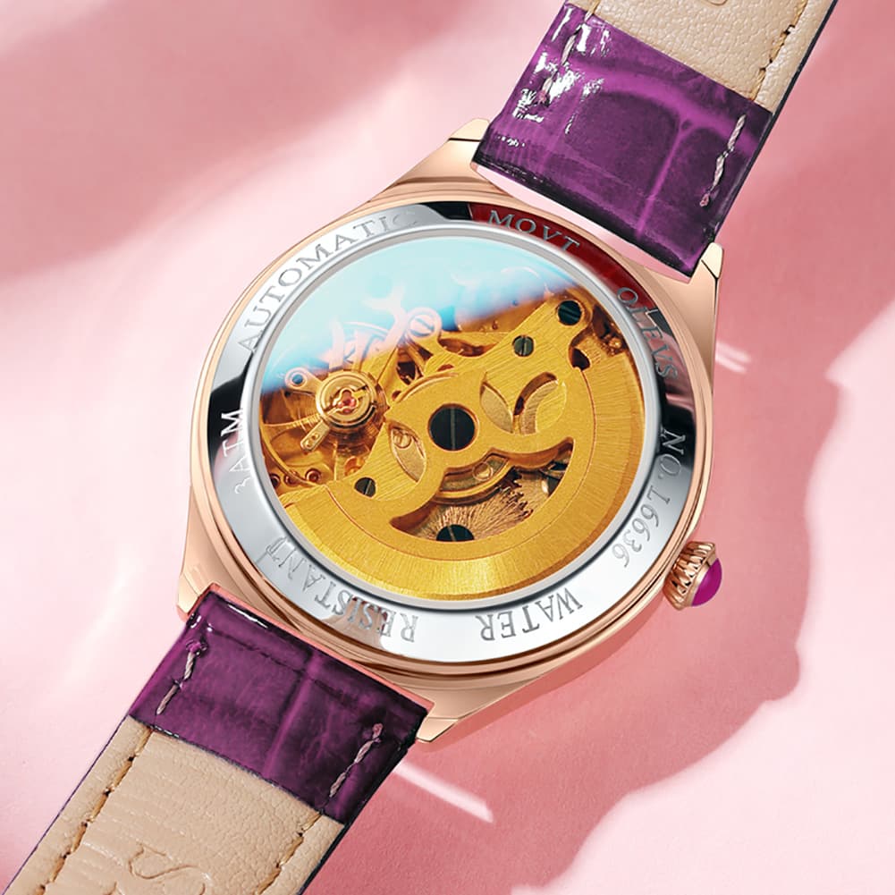 OLEVS 6636 Leather Skeleton Mechanical Watch for Women