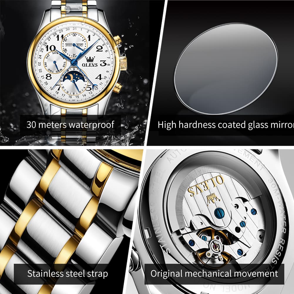 OLEVS 6667 Stainless Steel Mechanical Moon Phase Watch for Men