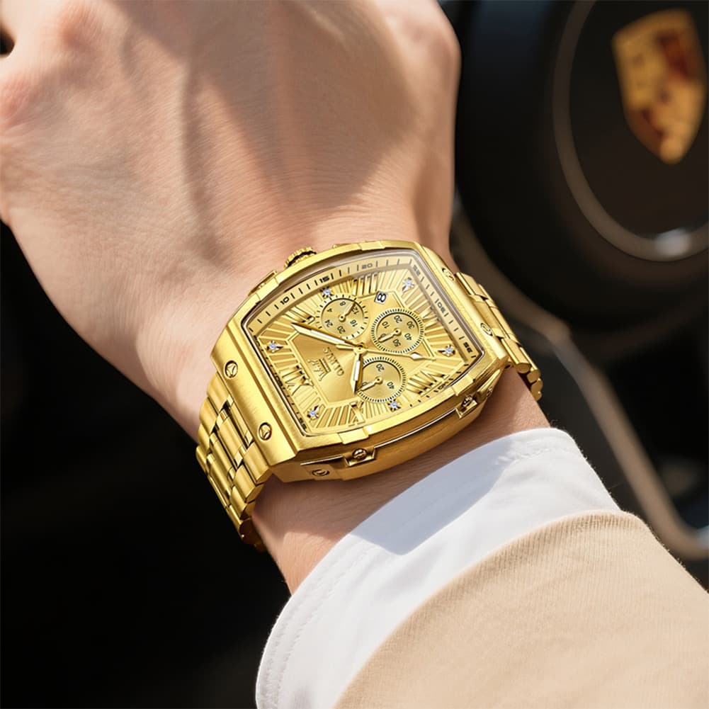 OLEVS Men Tonneau Watch Chronograph Stainless Steel Luxury Quartz 5639