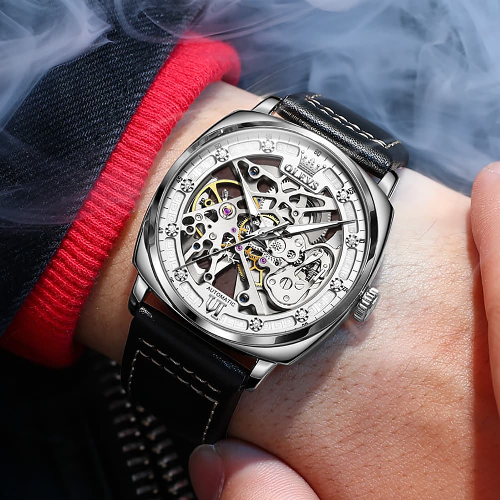 OLEVS 6651 Tonneau Skeleton Mechanical Watch for Men