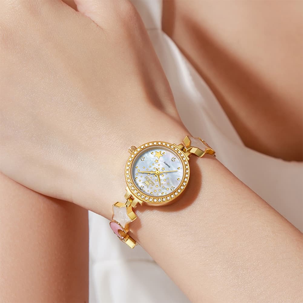 OLEVS 5665 Star Moon Bracelet Watch Mother of Pearl Starry Dial Quartz Jewelry Timepiece for Women