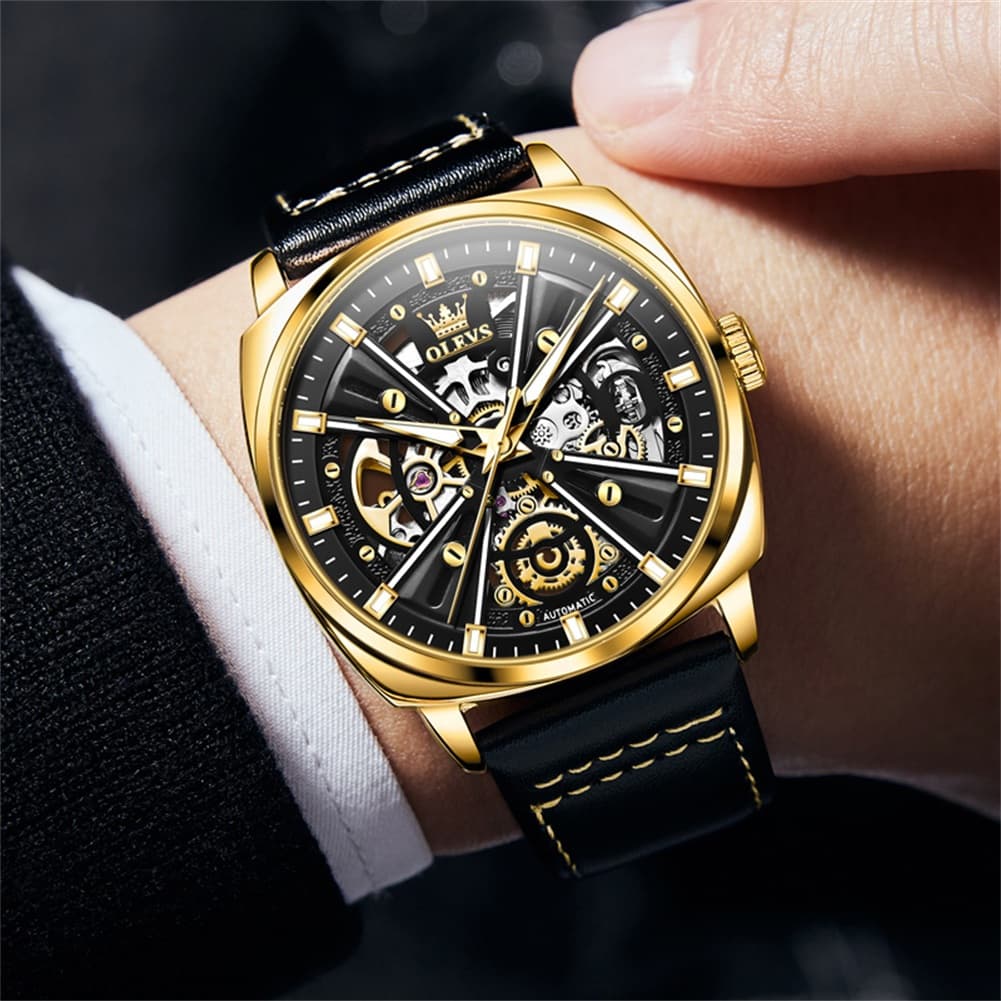OLEVS 6685 Mechanical Skeleton Leather Watch for Men