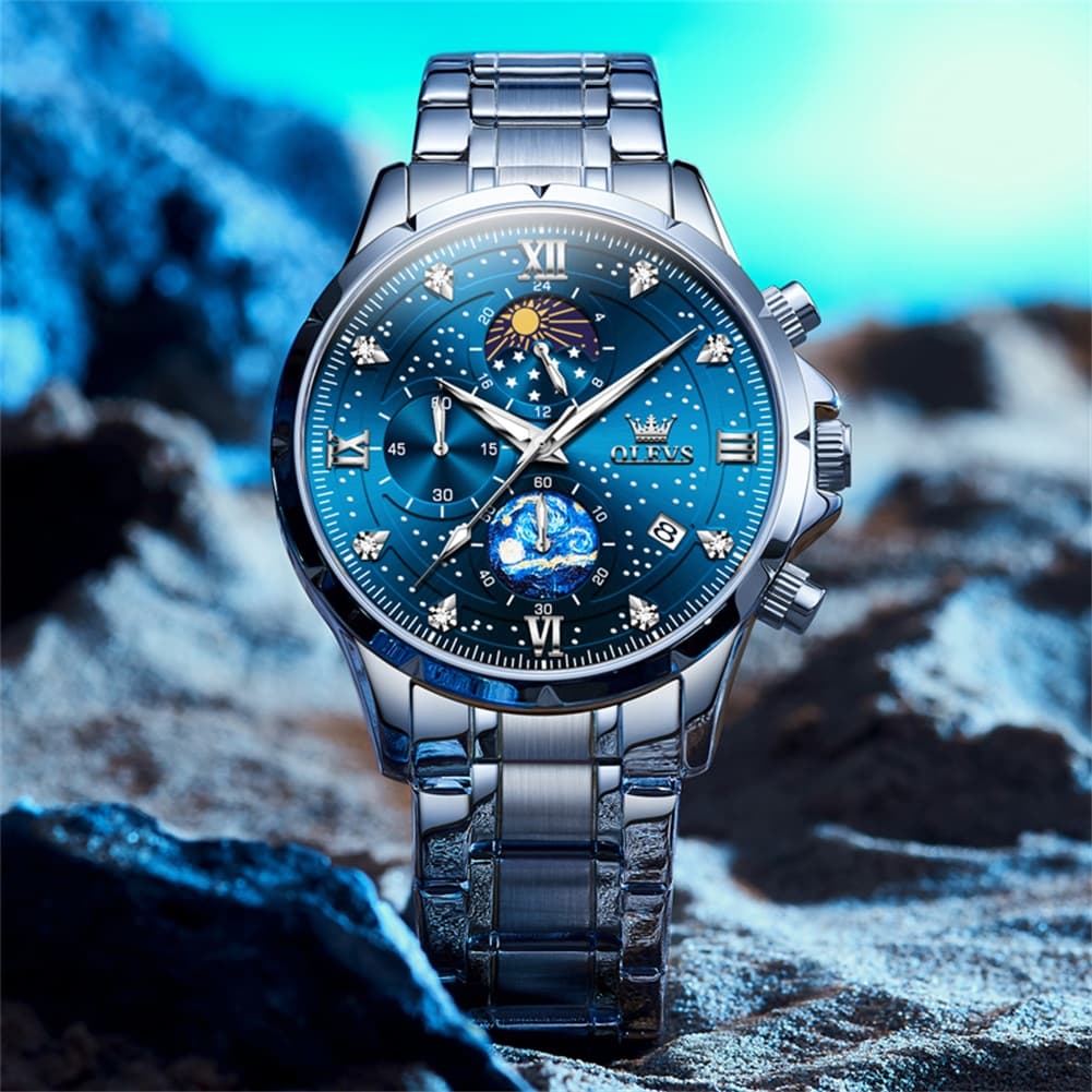 OLEVS 9807 Starry Moon Phase Chronograph Quartz Watch for Men