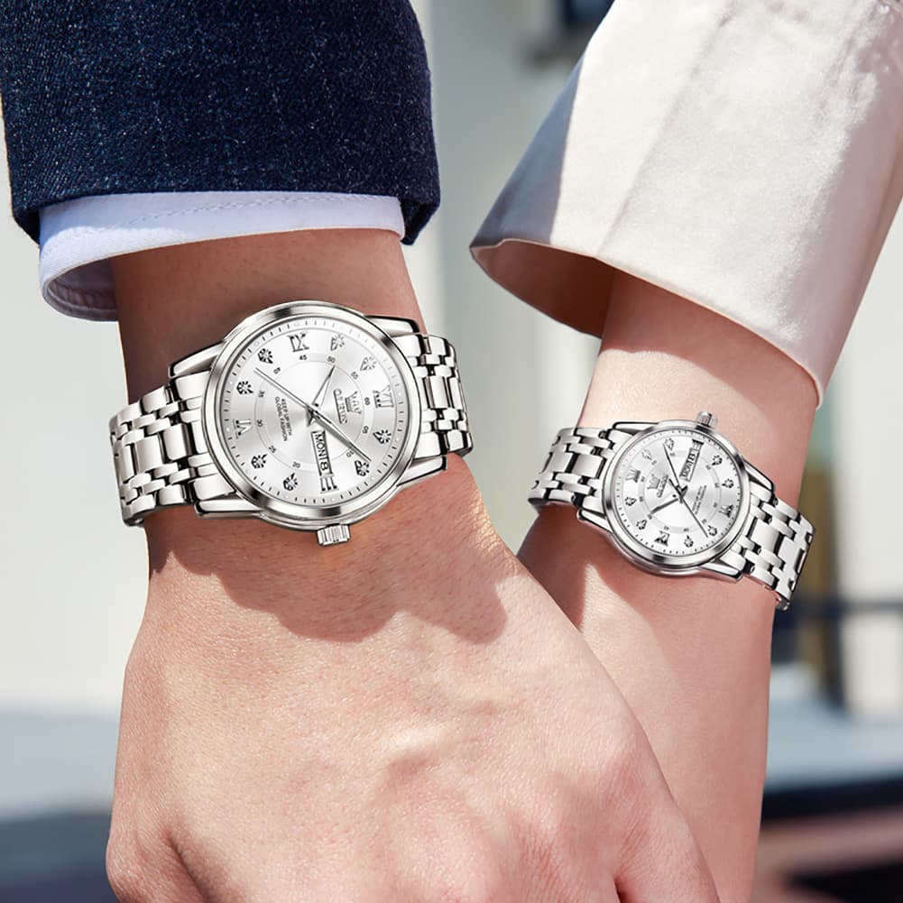 OLEVS Couple Watches Diamond Dial Day Date Quartz Watch 5513 Steel Band for His and Hers