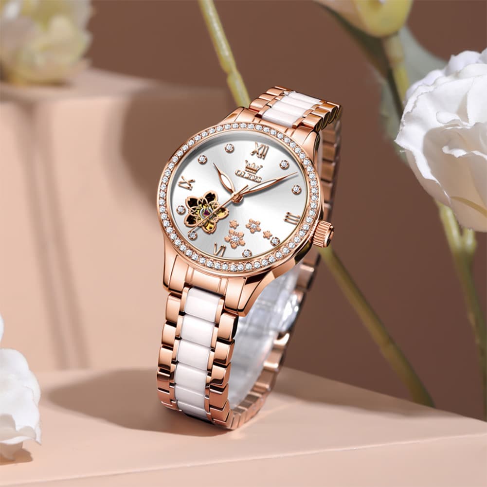 OLEVS 7074 Ceramic Open Heart Automatic Watch For Women
