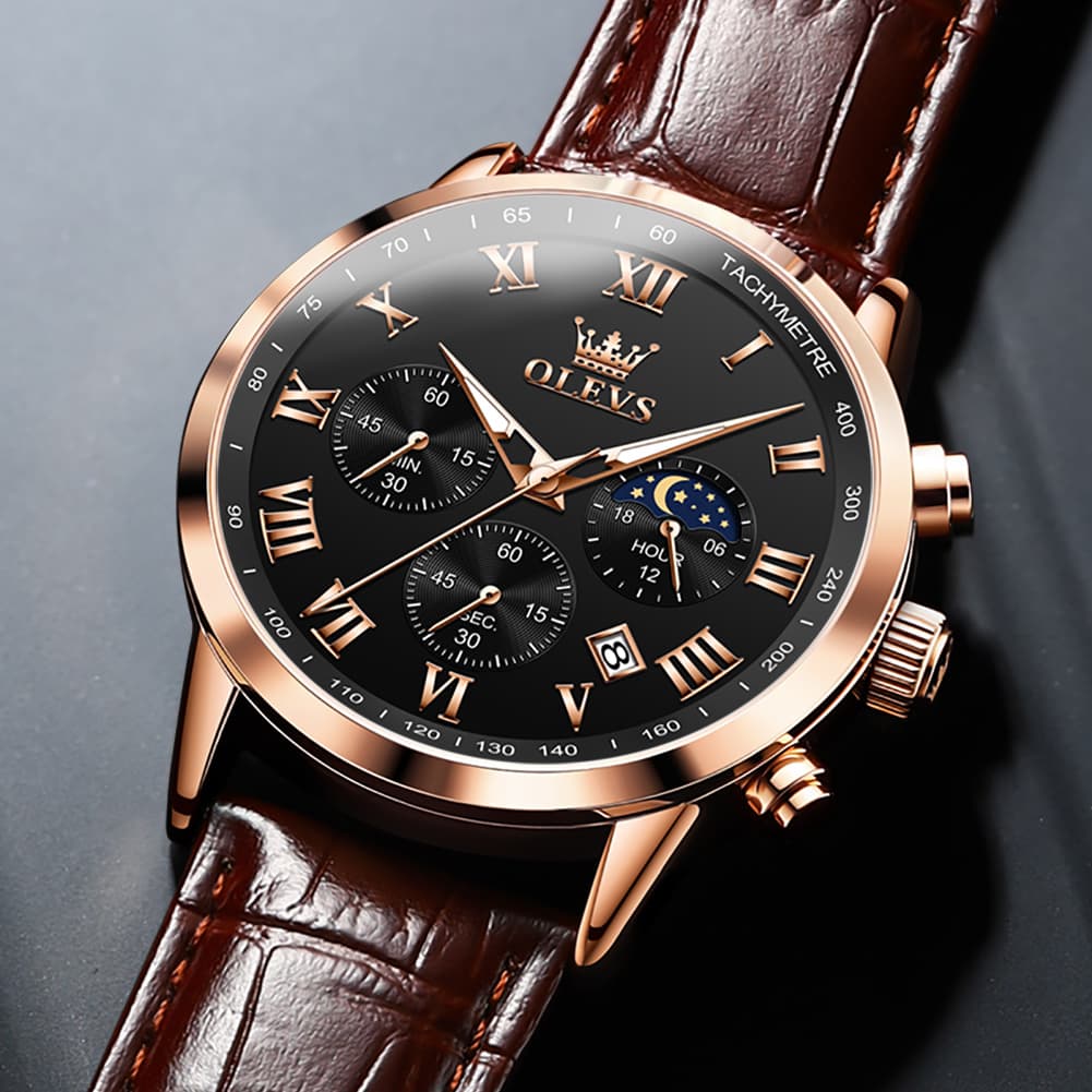 OLEVS Chronograph Moon Phase Dress Watch Leather Strap for Men 5529