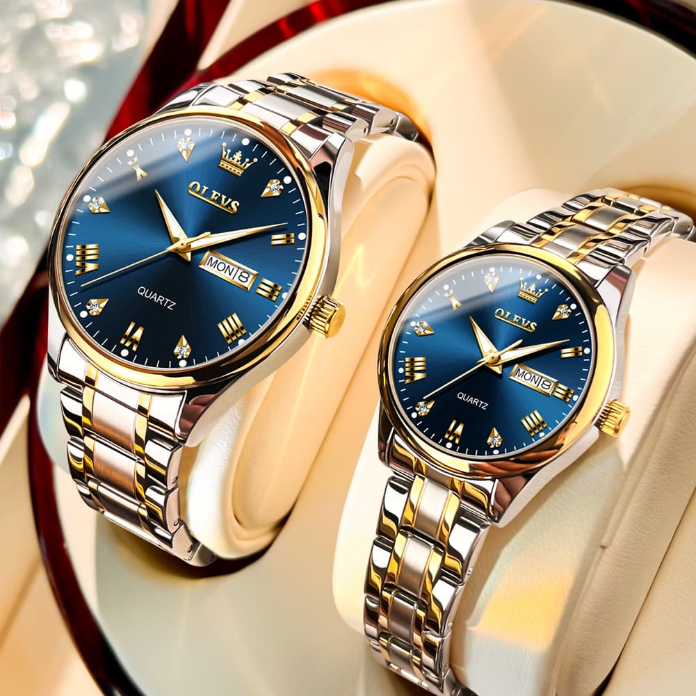 OLEVS His and Hers Couple Watches Set Two Tone Stainless Steel Quartz Day Date 5563Q