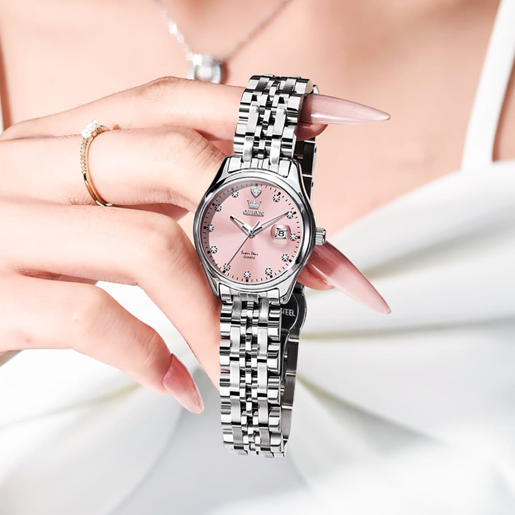 OLEVS 5649 Diamond Starry Dial Quartz Watch Calendar Stainless Steel Bracelet Timeless Timepiece for Women