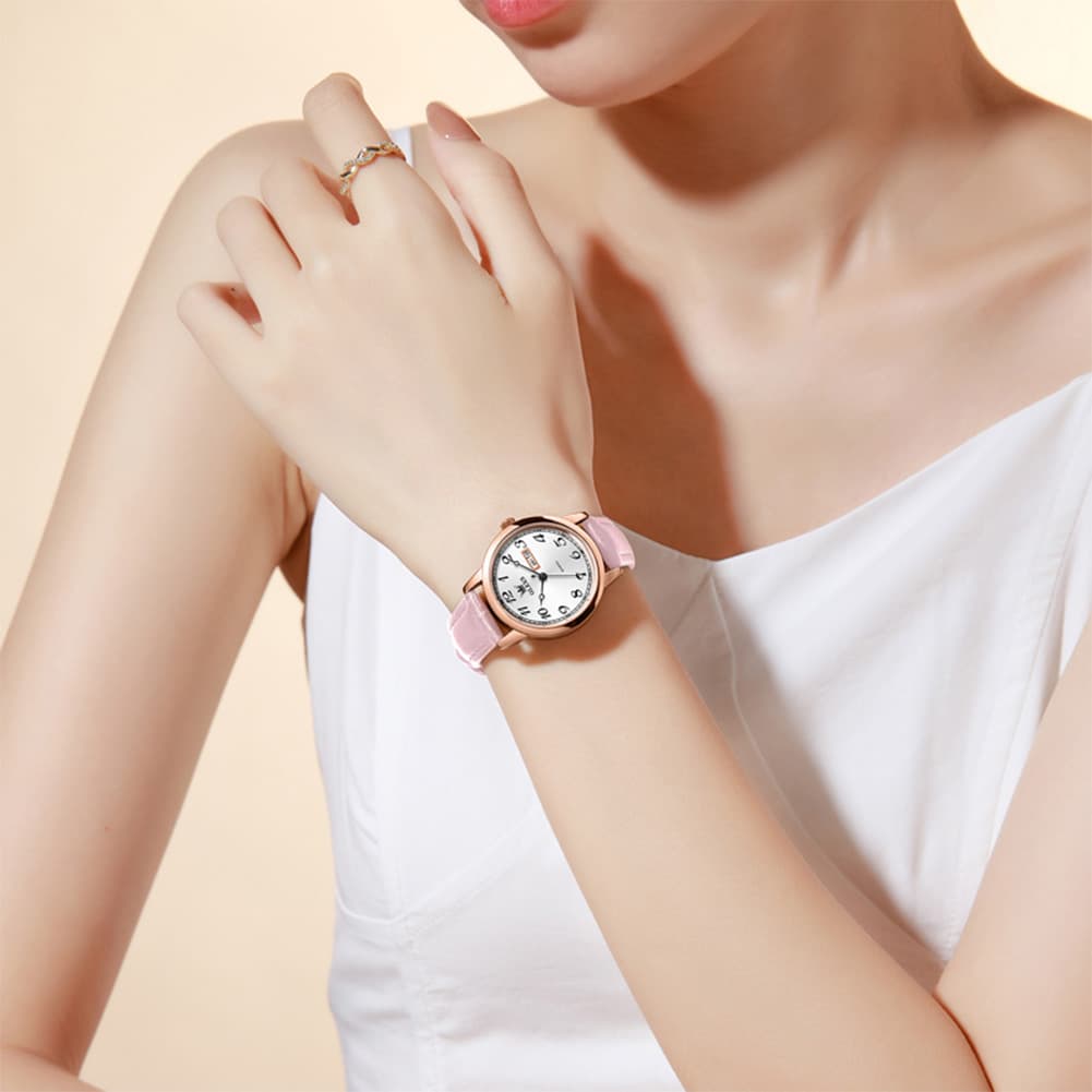 OLEVS 5662 Petite Vintage Quartz Watch Day Date Leather Strap Elegant Dress Timepiece for Women