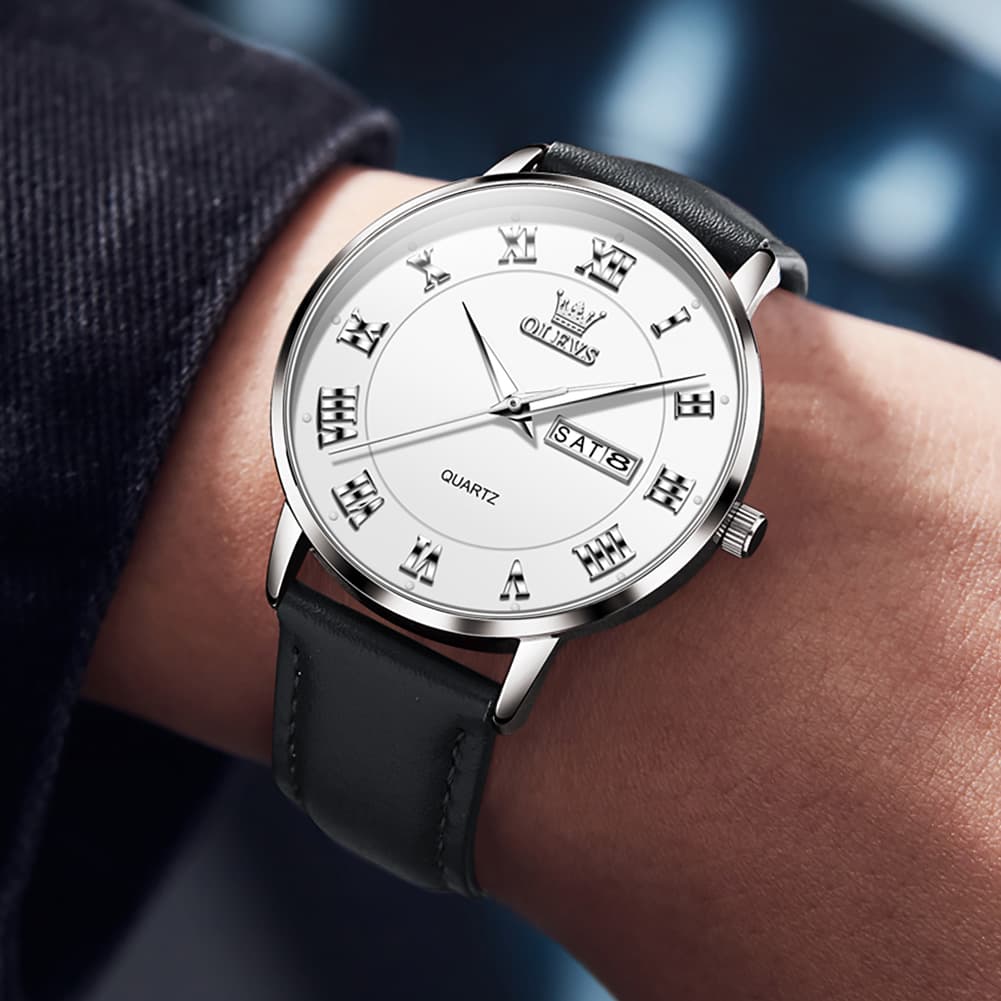 OLEVS 2920 Ultra Light Leather Day Date Quartz Watch for Men