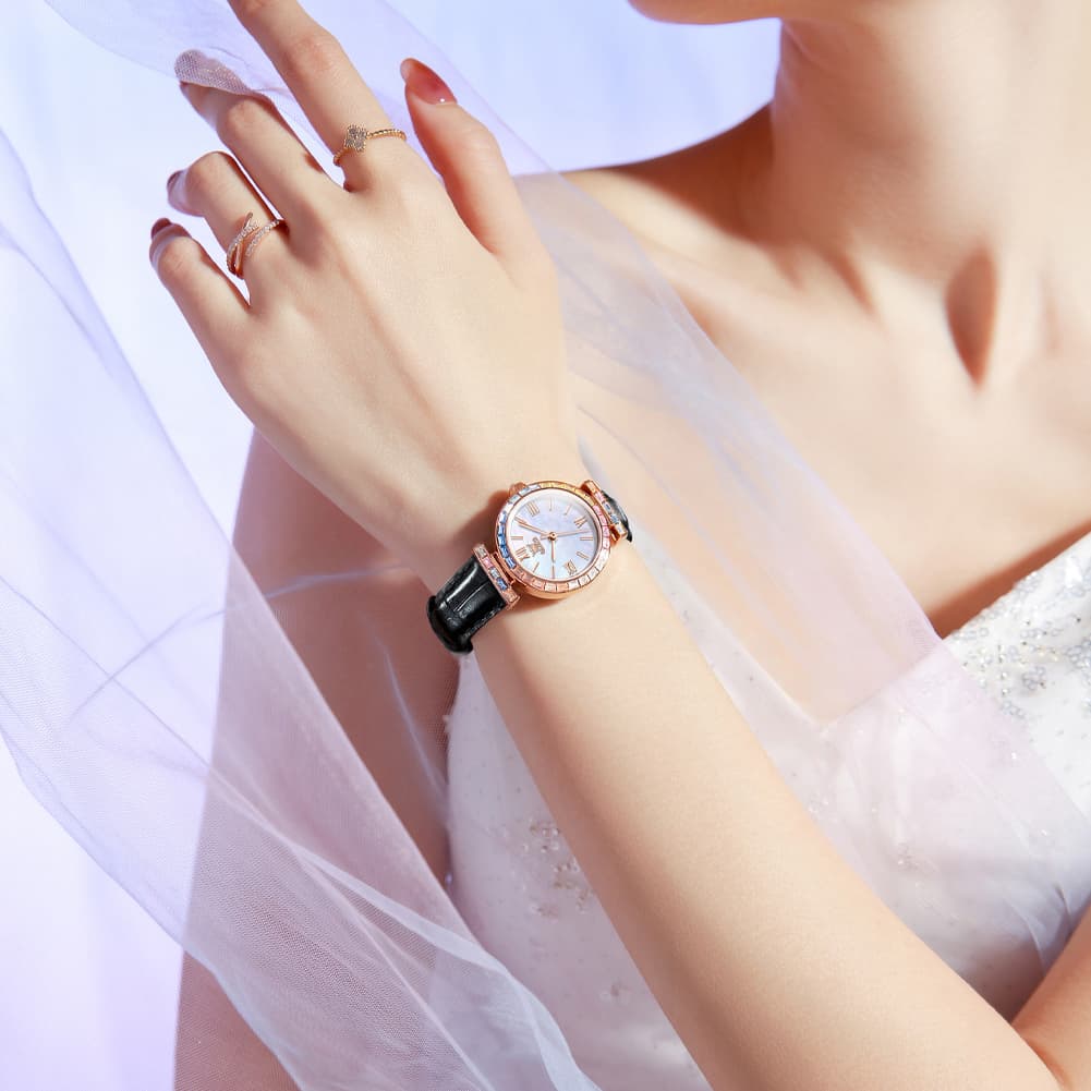OLEVS 9007 Rainbow Bezel Mother of Pearl Leather Quartz Watch for Women