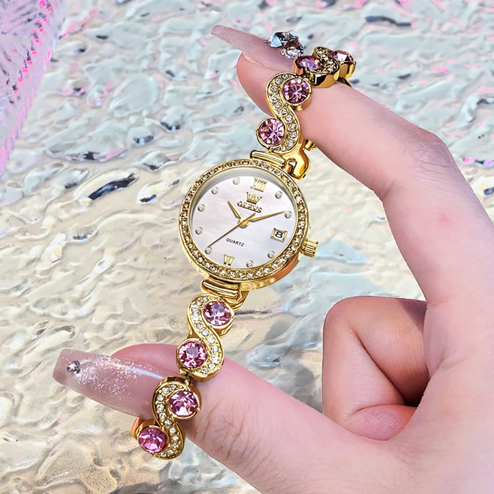 OLEVS Women Jewelry Bracelet Watch Pink Diamond Mother of Pearl Date Quartz 5633