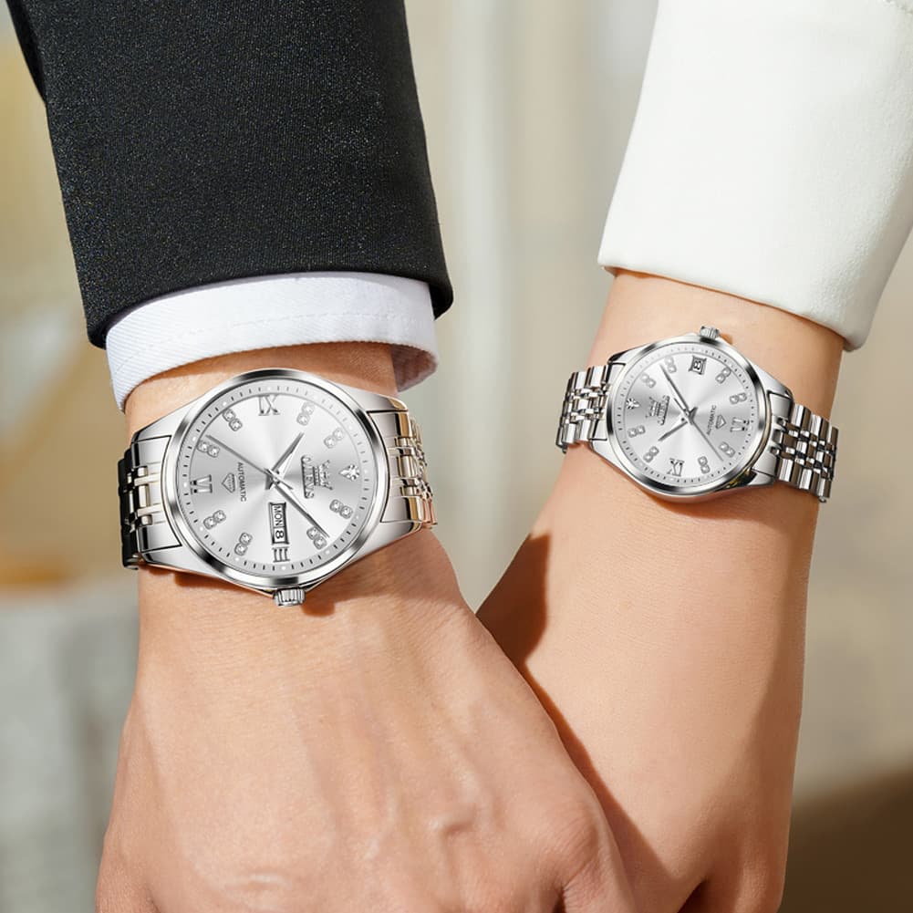 OLEVS Couple Watches Set Automatic Mechanical Diamond Dial 9801 for His and Hers