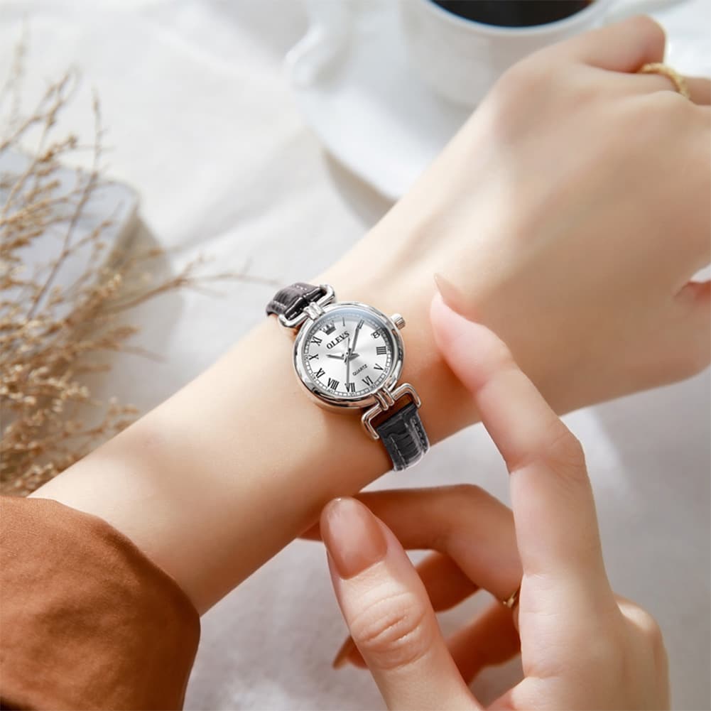 OLEVS Women Vintage Dress Watch Petite 24mm Leather Strap Date Quartz 5645