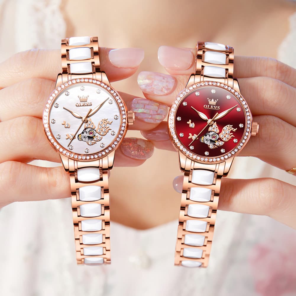 OLEVS 7001 Koi Skeleton Ceramic Mechanical Watch for Women