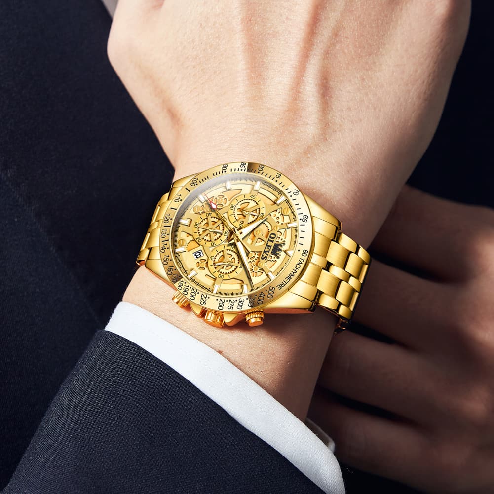 OLEVS 9913 Skeleton Dial Chronograph Gold Quartz Watch for Men