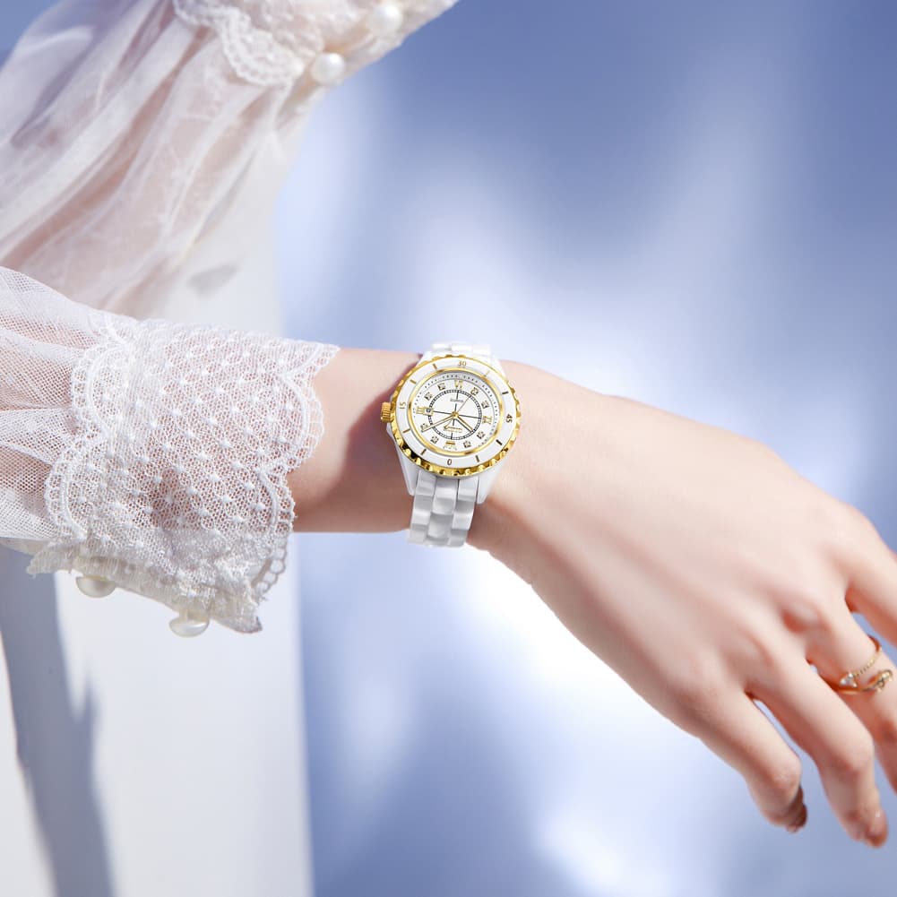 OLEVS 5658 White Ceramic Watch Diamond Accent Quartz Butterfly Clasp Luxury Timepiece for Women