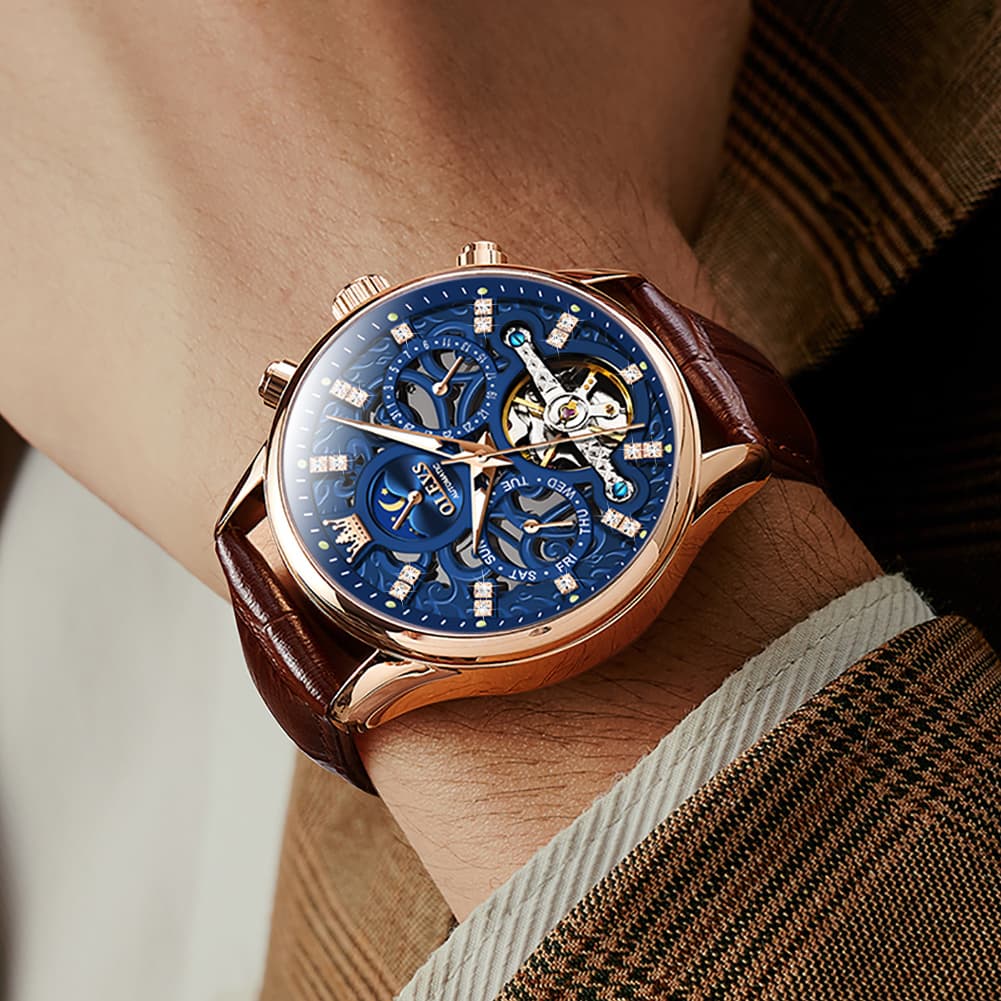 OLEVS 6658 Leather Skeleton Moon Phase Watch for Men
