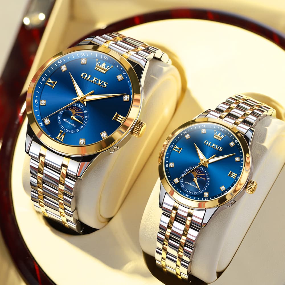 OLEVS 7041 Solid Steel Moon Phase Couples Watch Set