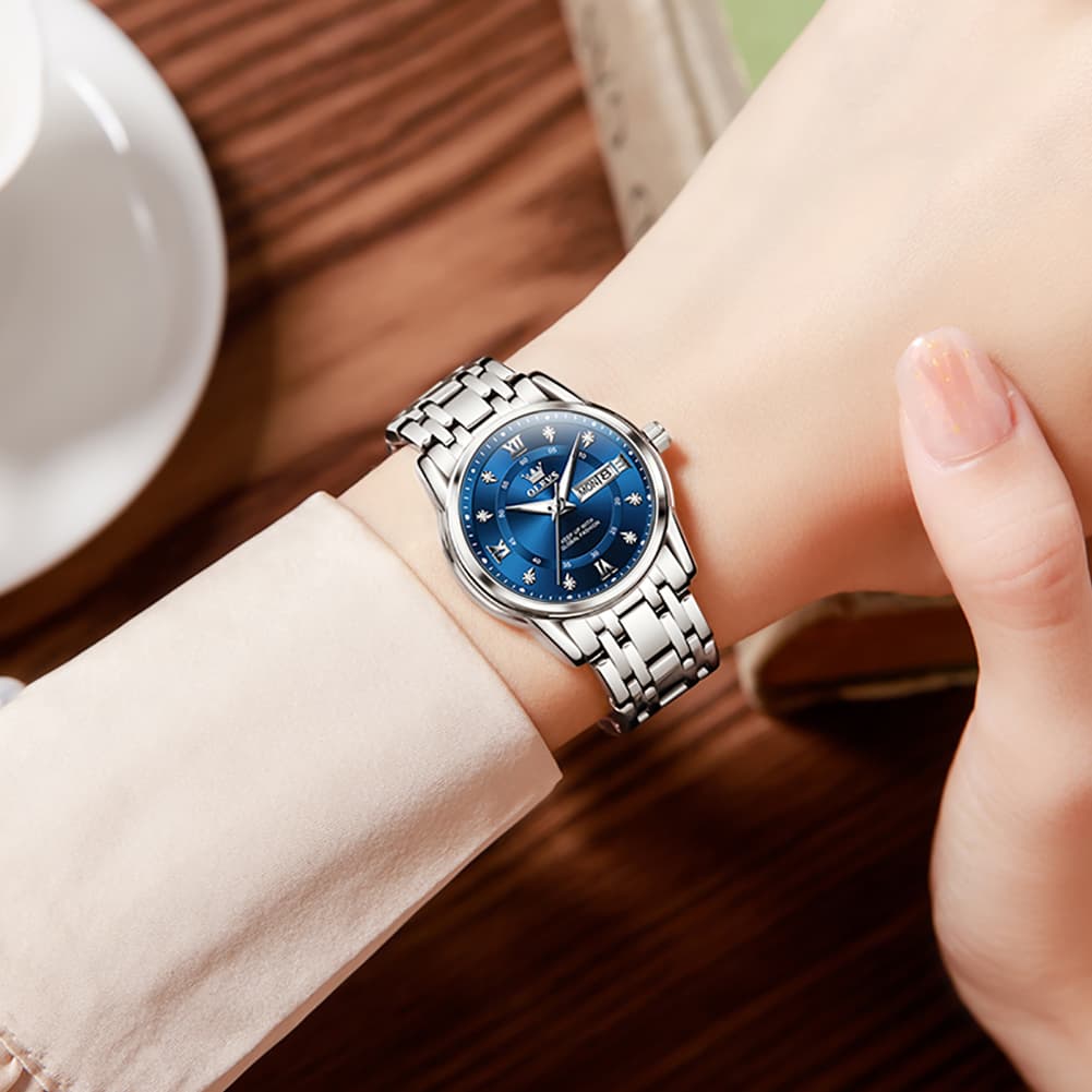 OLEVS Diamond Dial Day Date Quartz Watch 5513 Steel Band for Women