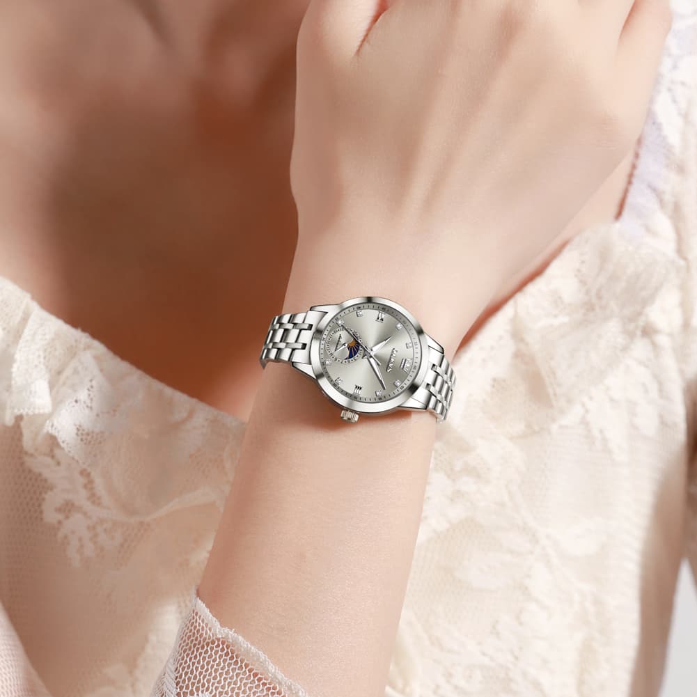 OLEVS 7041 Solid Steel Moon Phase Automatic Watch For Women