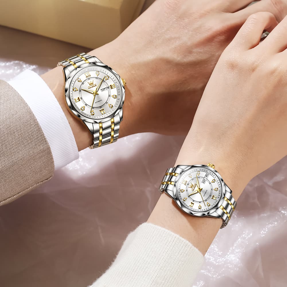 OLEVS 6727 Automatic Diamond Mechanical Watch Set For Couples