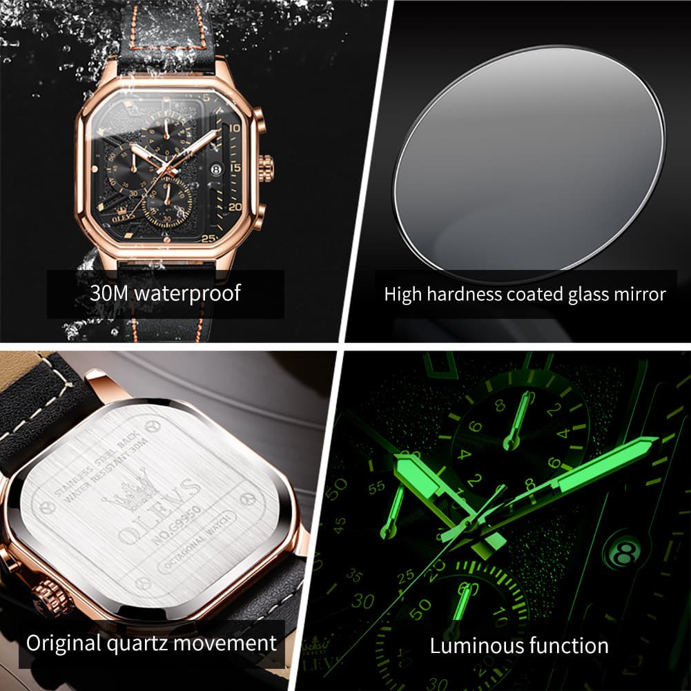 OLEVS 9950 Octagonal Case Chronograph Leather Watch for Men