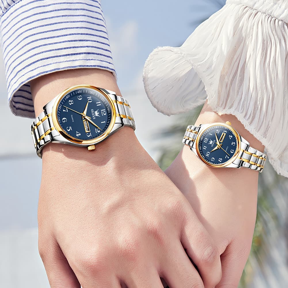 OLEVS Men and Women Couple Watch Stainless Steel Quartz Day Date Arabic Numerals 5567