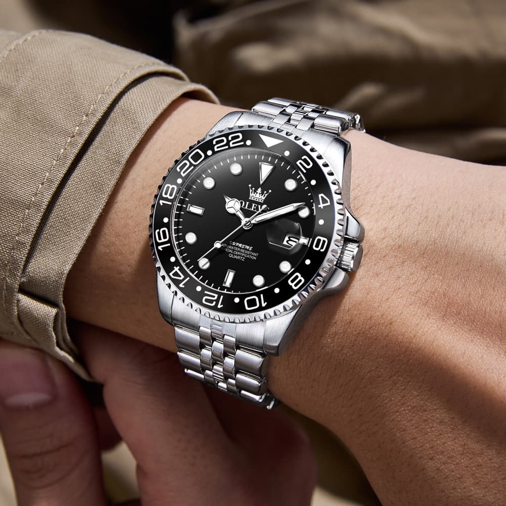 OLEVS 5657 Rotating Bezel Sports Watch Stainless Steel Jubilee Bracelet Quartz Timepiece for Men